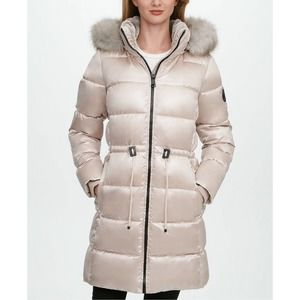 DKNY High-Shine Faux-Fur-Trim Hooded Puffer Coat Womens Champagne Cream